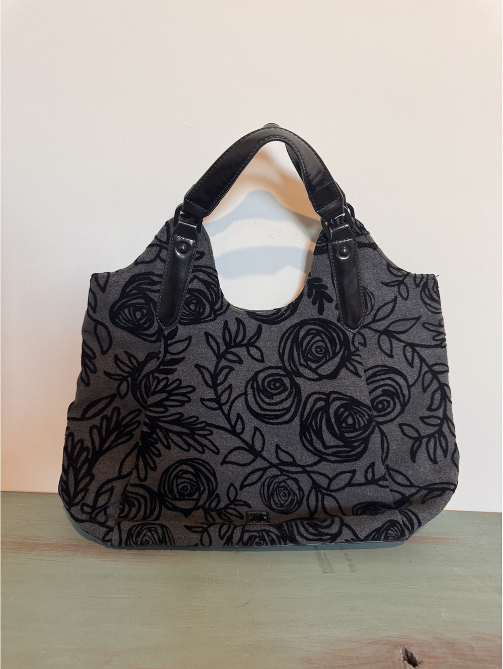 Y2K Liz Claiborne Suede Rose Sketch Top Handle Bag